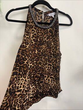 Jennifer Lopez Leopard Print Halter Camisole with Beaded Neckline